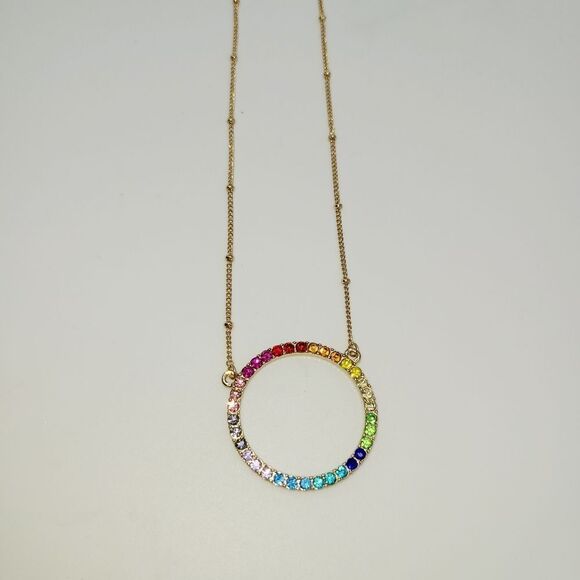 Rainbow Rhinestone Circular Pendant Necklace - Picture 3 of 4